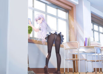 1girl :o ass black_pantyhose blue_eyes brown_shoes chinese_commentary classroom commentary day from_behind full_body hair_behind_ear hair_between_eyes hair_ornament hairclip hand_up indoors kneepits leaning_forward light_rays loafers long_hair looking_at_viewer looking_back miniskirt naruse_shiroha open_mouth panties panties_under_pantyhose pantyhose pantyshot parallel_hairclips plant pleated_skirt potted_plant school_uniform shirt shoes short_sleeves skirt solo standing summer_pockets summer_pockets_school_uniform sunbeam sunlight tiptoes underwear user_3504221 very_long_hair white_hair white_panties white_shirt white_skirt window wiping