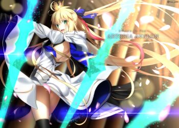 1girl absurdres ahoge artoria_caster_(fate) artoria_caster_(third_ascension)_(fate) artoria_pendragon_(fate) ass backless_outfit black_thighhighs blonde_hair blue_bow blue_ribbon blush bow character_name commentary_request crown dutch_angle fate/grand_order fate_(series) foo_(pixiv54892036) green_eyes hair_bow highres holding holding_staff long_hair looking_at_viewer mini_crown parody petals ribbon shoulder_blades smile solo staff style_parody takeuchi_takashi_(style) teeth thighhighs thighs tongue very_long_hair