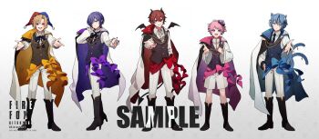 5boys :d ahoge aiguillette animal_ears anklet aoto_(doll's_requiem) arm_at_side bandaged_arm bandages bead_necklace beads beckoning belt black_belt black_boots black_bow black_bowtie black_horns black_nails black_necktie black_ribbon black_wings blonde_hair blue_bow blue_cape blue_eyes blue_hair blue_nails blue_vest boots bow bowtie braid brown_vest buttons cape cat_boy cat_ears cat_tail center-flap_bangs center_frills chess_piece_earrings closed_mouth collared_shirt curtained_hair demon_boy demon_tail demon_wings detached_wings doll's_requiem double-breasted earrings fingernails flower_facial_mark frilled_shirt_collar frills full_body fumaru_(doll's_requiem) grin hair_ornament hair_over_one_eye hand_on_own_hip hand_on_own_neck hand_up hat heterochromia high_heel_boots high_heels highres horns ito_(doll's_requiem) jester_cap jewelry kitsunebi_v3kokonn knee_boots lineup long_sleeves looking_at_viewer male_focus mini_wings misora_(doll's_requiem) multiple_boys multiple_tails nail_polish neck_ribbon necklace necktie nekomata offering_hand official_art open_collar open_mouth orange_bow orange_sash pants pants_tucked_in parted_bangs pink_bow pink_cape pink_hair pointy_ears purple_bow purple_cape purple_eyes purple_hair purple_sash purple_vest qingdai_guanmao red_bow red_cape red_eyes red_hair red_sash ribbon sample_watermark sash sharp_fingernails shirt short_hair shorts side_braid side_cape simple_background single_earring smile standing star_(symbol) star_hair_ornament swept_bangs tail tail_ornament talisman two-sided_cape two-sided_fabric two-tone_hat two_tails uni_(doll's_requiem) vest waist_sash watermark watermark_grid white_background white_cape white_pants white_shirt white_shorts wings yellow_cape