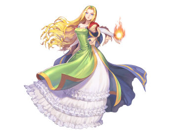 blonde_hair blue_cape breasts cape cloe_da_pontina collarbone commentary_request curtained_hair dress earrings fire full_body green_dress green_hairband hairband highres jewelry juliet_sleeves korean_commentary lips long_sleeves looking_at_viewer magic medium_breasts nexon nostrils official_alternate_costume open_hand parted_bangs parted_lips petticoat princess_dress puffy_sleeves ringlets sang_ah_yoon simple_background skinny strapless strapless_dress tales_weaver white_background white_sleeves