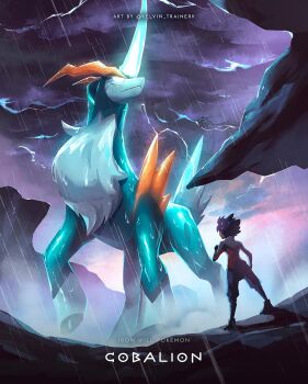 1boy black_hair character_name cloud cloudy_sky cobalion commentary copyright_name from_below gen_5_pokemon hand_up highres hugh_(pokemon) jacket kelvin-trainerk legendary_pokemon legs_apart long_sleeves male_focus nintendo outdoors pants pokemon pokemon_(creature) pokemon_bw2 rain shoes short_hair sky standing twitter_username