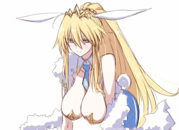 1girl animal_ears artoria_pendragon_(fate) artoria_pendragon_(swimsuit_ruler)_(fate) artoria_pendragon_(swimsuit_ruler)_(first_ascension)_(fate) blonde_hair blue_necktie blue_pantyhose braid breasts fate/grand_order fate_(series) fishnet_pantyhose fishnets highres himo large_breasts necktie pantyhose playboy_bunny ponytail ponytail_with_braided_base rabbit_ears solo tiara