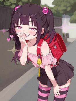 1girl backpack bag black_hair blouse blush crime_prevention_buzzer downblouse fang female_focus flat_chest hair_ornament heart highres jirai_kei legs loli looking_at_viewer mesugaki nattocurryumeee original pink_eyes randoseru shirt skirt smile smug solo standing striped_clothes striped_thighhighs thighhighs thighs twintails