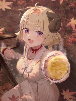 Rule 34 | 1girl, :d, absurdres, ahoge, autumn, autumn leaves, bench, blonde hair, blurry, blush, bow, bracelet, breasts, choker, cleavage, commentary request, dress, flower bracelet, food, hair between eyes, hair ornament, hairclip, highres, holding, hololive, horns, jewelry, large breasts, leaf, leaf on head, lerk puzz, long sleeves, looking at viewer, maple leaf, medium breasts, on bench, open mouth, outdoors, purple eyes, ribbon, ribbon choker, sheep horns, short hair, skirt, smile, solo, steam, sweet potato, tsunomaki watame, upper body, virtual youtuber, white dress