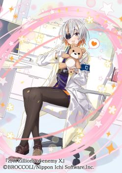 1girl armband aura brown_pantyhose brown_shoes chair coat copyright_notice desk dress eyepatch flying_sweatdrops gloves grey_hair hair_between_eyes heart highres holding holding_stuffed_toy indoors lab_coat lisa_brunhild mole mole_under_eye monitor multicolored_hair official_art on_chair open_clothes open_coat open_mouth orange_hair pantyhose purple_dress shoes short_hair sitting sparkle spoken_heart star_(symbol) stuffed_animal stuffed_toy sweatdrop takanashi_kei_(hitsujikan) teddy_bear white_coat white_gloves yellow_eyes z/x