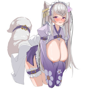 1girl animal_ears apron arms_under_breasts back_bow bent_over blush bow breasts cleavage cowboy_shot cropped_kimono cropped_legs flower frilled_apron frilled_hairband frilled_thigh_strap frills furisode_sleeves grey_hair grey_tail hair_flower hair_ornament hairband hakama hakama_short_skirt hakama_skirt hanging highres huge_breasts japanese_clothes kanzashi kimono kkillusked kouya_no_naga_samurai large_bow lolita_hairband long_hair looking_at_viewer maid maid_apron maid_headdress miniskirt miyako_miyuri miyako_miyuri_(1st_costume) mole mole_under_eye nipples no_bra oga_bira_kanzashi open_mouth pleated_skirt purple_kimono purple_shrug purple_skirt red_eyes sagging_breasts seductive_smile see-through_cleavage see-through_clothes shrug_(clothing) simple_background skirt smile solo tail tail_strap thigh_strap tsumami_kanzashi v-shaped_eyebrows very_long_hair virtual_youtuber wa_maid waist_apron white_background wolf_ears wolf_girl wolf_tail