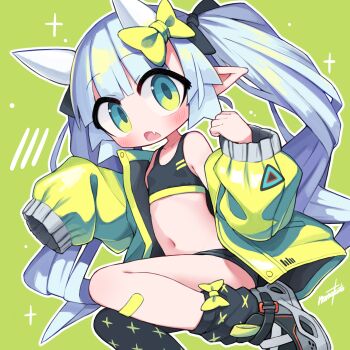 Rule 34 | 1girl, black sports bra, blue eyes, blue hair, bow, breasts, fang, green background, green bow, green jacket, highres, horns, jacket, long hair, long sleeves, looking at viewer, nanatsuta, navel, open mouth, original, pointy ears, puffy long sleeves, puffy sleeves, simple background, small breasts, solo, sports bra, twintails, webp-to-png conversion