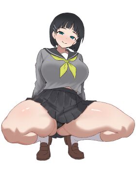 1girl absurdres arms_at_sides black_hair black_panties black_sailor_collar black_skirt blue_eyes blunt_bangs blush breasts brown_shoes closed_mouth commentary full_body grey_shirt hair_behind_ear hair_ornament hairclip high-waist_skirt highres kirigaya_suguha large_breasts loafers long_sleeves looking_at_viewer midriff_peek miniskirt neckerchief nose_blush panties peace_peace009 pleated_skirt sailor_collar school_uniform serafuku shirt shoes short_hair simple_background skirt smile socks solo spread_legs squatting sword_art_online thighs tiptoes underwear white_background white_socks yellow_neckerchief