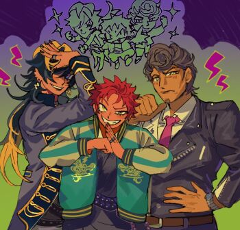 3boys alternate_skin_color antenna_hair bad_ass_temple beads belt belt_buckle black_belt black_hair black_jacket black_kimono black_nails blonde_streaks blue_eyes blue_jacket blue_pants blush brown_belt buckle cheekbones choppy_bangs cloud coat cocked_eyebrow collared_shirt commentary dark-skinned_male dark_skin doodle_inset ear_piercing earrings english_commentary eyelashes facial_hair fang fist_in_hand frown goatee_stubble gold_trim gradient_background green_background green_eyes grey_coat grey_hair grin hair_over_one_eye hand_on_own_head hand_on_own_hip hand_up head_tilt hypnosis_mic jacket jacket_over_kimono japanese_clothes jewelry juban kermitrolling kimono lapel_pin lapels leather leather_jacket lightning_bolt_symbol long_hair long_sleeves looking_at_viewer male_focus mature_eyes mature_male mole mole_under_eye multicolored_eyes multicolored_hair multicolored_jacket multiple_belts multiple_boys multiple_piercings multiple_rings multiple_views necklace necktie open_clothes open_coat open_jacket own_hands_together pants piercing pink_necktie pinky_ring pointing pointing_at_self pointing_with_thumb pompadour prayer_beads purple_background purple_eyes red_hair ring runes shirt short_hair silver_ring sleeve_cuffs slit_pupils smile sparkle spiked_hair streaked_hair stubble studded_belt sukajan two-tone_eyes two-tone_jacket uneven_eyes unzipped upper_body very_short_hair watch white_jacket white_shirt wolf_cut wristwatch yellow_eyes