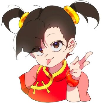 1girl :p annabird2520 asymmetrical_bangs black_hair bracelet china_dress chinese_clothes closed_mouth cropped_torso dress eyes_visible_through_hair hair_ornament hand_up jewelry ling_xiaoyu looking_at_viewer non-web_source short_sleeves short_twintails simple_background smile solo tekken tongue tongue_out twintails upper_body white_background