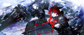 2boys absurdres ahoge aizendai alternate_costume animal_ears aotsuki_eito armor black_armor black_gloves black_hair blue_eyes chinese_commentary closed_mouth commentary_request facial_mark glasses gloves grey_hair highres holding holding_sword holding_weapon kemonomimi_mode long_sleeves male_focus multicolored_hair multiple_boys open_mouth red_hair semi-rimless_eyewear short_hair smoke streaked_hair sumino_takumi sword the_hundred_line_-last_defense_academy- two-tone_hair variant_set weapon