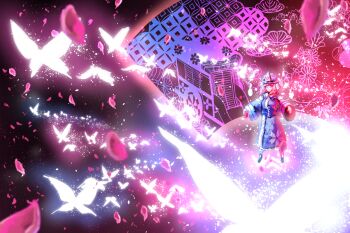 Rule 34 | 1girl, abstract background, arm garter, arms at sides, blue bow, blue hat, blue kimono, bow, bug, butterfly, cherry blossom print, cherry blossoms, circle, closed eyes, commentary, danmaku, female focus, floating, floating hair, floral print, frilled hat, frills, full body, glowing, goshoguruma, hands up, hat, insect, japanese clothes, kimono, light particles, long sleeves, mob cap, obi, outstretched arms, outstretched hand, perfect cherry blossom, petals, pink hair, ribbon, ribbon trim, saigyouji yuyuko, saigyouji yuyuko's fan design, sash, shippou (pattern), short hair, solo, spell card, sunnysideup, touhou, triangular headpiece, veil, white ribbon, wide sleeves