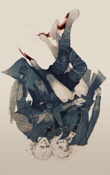 1boy 1girl armor ascot black_cape blonde_hair blood blue_eyes blue_surcoat boots cape duchess_(elden_ring) elden_ring elden_ring_nightreign full_body gloves highres jewelry leggings lying on_back ornate_clothes scale_armor short_hair upside-down vbtem2rhxc2qchk white_ascot white_leggings wylder_(elden_ring)