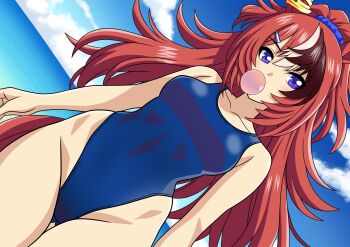 Rule 34 | 1girl, animal ears, blowing bubble gum, blue eyes, blue one-piece swimsuit, breasts, brown hair, bubble gum fellow (umamusume), chewing gum, commentary request, competition swimsuit, dutch angle, highleg, highleg one-piece swimsuit, highres, horse ears, horse girl, horse tail, medium breasts, multicolored hair, one-piece swimsuit, ponytail, solo, streaked hair, swimsuit, tail, umamusume, yuuyuu (3jjbn)