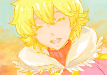 Rule 34 | 1girl, :d, ^ ^, bad drawr id, bad id, baten kaitos, blonde hair, closed eyes, earrings, hair between eyes, jewelry, open mouth, saikachi (ogre tree), short hair, smile, solo, teeth, turtleneck, upper body, upper teeth only, xelha (baten kaitos)