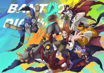 Rule 34 | 1girl, 4boys, banchogolemon, bancholeomon, bancholilimon, banchomamemon, banchostingmon, banchou, black shirt, black skirt, brown hair, brown vest, daimon masaru (digimon savers), delinquent, digimon, digimon (creature), digimon savers, green pants, group picture, highres, multiple boys, pants, roy payne, shirt, skirt, vest, white shirt, yo-yo