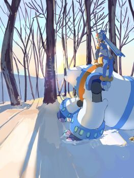 1girl absurdres armor bear blue_armor blue_eyes blue_helmet fairy_leviathan_(mega_man) fins forehead_jewel forest head_fins helmet highres mega_man_(series) mega_man_zero_(series) nature non-humanoid_robot omochi_(mochi_skymega) polar_bear robot robot_animal sitting_on_animal snow sunrise