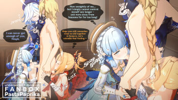 1boy 3d 3girls aether_(genshin_impact) anilingus ayaka_(genshin_impact) blender_(medium) blonde_hair blue_hair blush braid censored closed_eyes clothed_female_nude_male curly_hair dialogue_box english_text fellatio furina_(genshin_impact) genshin_impact hetero highres indoors kamisato_ayaka kamisato_ayaka_(springbloom_missive) kiss light_blue_hair looking_at_another mihoyo mosaic_censoring multiple_girls nude oral orange_hair pale_skin pastapaprika penis ponytail saliva saliva_trail self-upload white_hair yoimiya_(genshin_impact)