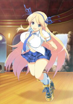 1girl :d arch armor armored_boots arms_behind_back blonde_hair blue_necktie blue_ribbon blue_skirt boots breasts ceiling cleavage cloud cup full_body full_moon game_cg greaves green_eyes hair_ribbon indoors katsuragi_(senran_kagura) large_breasts leaning_forward long_hair looking_at_viewer moon navel necktie night official_art open_clothes open_mouth open_shirt plaid_clothes plaid_skirt ribbon ribbon-trimmed_socks ribbon_trim rock senran_kagura senran_kagura_new_wave shirt skirt smile socks solo speaker stage table teeth tile_ceiling tiles upper_teeth_only very_long_hair water waterfall white_shirt wooden_floor wooden_table