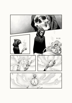 black_robe cloak death death_(entity) doctor english_text giving_birth grim_reaper hood hood_up hooded_robe hospital intravenous_drip original pocket_watch pregnant robe skeleton skull snippy_mj watch