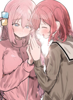 2girls absurdres blue_eyes blush bocchi_the_rock! brown_shirt closed_eyes closed_mouth commentary cube_hair_ornament gotoh_hitori hair_ornament highres holding_hands jacket kita_ikuyo long_hair multiple_girls one_side_up open_mouth pink_hair pink_jacket red_hair sailor_collar shirt simple_background smile sunya_(honorin-yuunibo) track_jacket upper_body white_background white_sailor_collar yuri