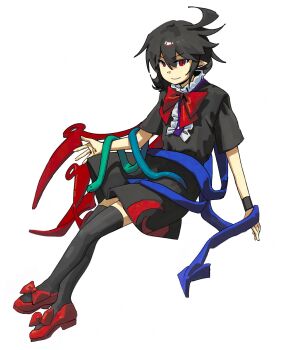 Rule 34 | 1girl, ahoge, asymmetrical wings, black hair, black shirt, black skirt, black thighhighs, black wrist cuffs, blue snake, blue wings, bow, bowtie, center frills, closed mouth, commentary request, crossed legs, double-parted bangs, footwear bow, frilled shirt collar, frills, gradient snake, green snake, hair between eyes, highres, houjuu nue, looking at viewer, nme 0039, pointy ears, purple shirt, red bow, red bowtie, red eyes, red shoes, red skirt, red wings, shirt, shoes, short hair, short sleeves, simple background, single vertical stripe, single wrist cuff, sitting, skirt, smirk, snake, snake wrapped around arm, solo, spiked hair, striped clothes, striped shirt, thighhighs, touhou, two-tone skirt, v-shaped eyebrows, white background, wings, wrist cuffs, zettai ryouiki