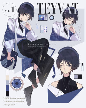 Rule 34 | 1boy, alternate costume, arm at side, armpit crease, bad anatomy, bad hands, bag, belt, beret, bespectacled, black bag, black eyes, black hair, black pants, black shirt, black shoes, blue belt, blue hat, blue shawl, casual, character name, character profile, closed mouth, collared shirt, contemporary, cropped torso, cross-laced shoes, dated, expressionless, fringe trim, genshin impact, glasses, gold, gold necklace, hakama, hakama pants, hand on own face, hand up, handbag, hat, highres, japanese clothes, jewelry, jingasa, konikoni1002, long sleeves, looking at viewer, male focus, mandala, necklace, off shoulder, official alternate costume, pants, purple hat, rimless eyewear, scaramouche (genshin impact), shawl, shirt, shoes, silver necklace, solo, tongue, tongue out, turtleneck, turtleneck shirt, undershirt, wanderer (genshin impact), wanderer (wanderer impression) (genshin impact), white shirt, white sleeves, white trim, wing collar