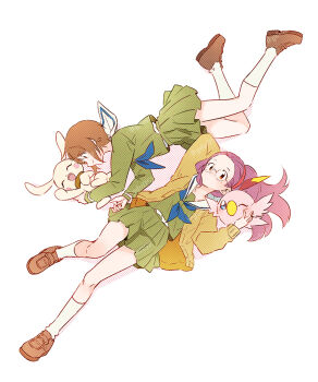 Rule 34 | 2girls, blush, closed eyes, digimon, digimon (creature), digimon adventure tri., dog, gdn0522, holy ring, inoue miyako, jacket, looking at viewer, multiple girls, plotmon, poromon, school uniform, smile, yagami hikari
