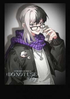 1boy absurdres asagiri_gen badge black-framed_eyewear black_border black_eyes black_hair black_jacket border button_badge character_name copyright_name dr._stone glasses grey_eyes hair_between_eyes hand_up highres jacket jewelry long_sleeves looking_at_viewer luxingyao male_focus multicolored_hair necklace open_clothes open_jacket open_mouth purple_scarf scarf shirt signature smile solo split-color_hair striped_clothes striped_scarf sweater teeth two-tone_hair upper_body white_hair white_shirt zipper zipper_pull_tab
