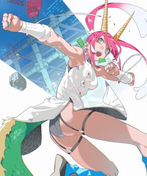1girl absurdres ass blue_nails clenched_hands commentary_request dragon_girl dragon_horns dragon_tail grey_eyes highres himuro_yukichiko horns long_hair original pink_hair scales solo tail twintails