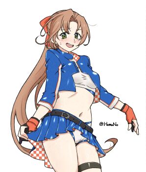 1girl adversarial_noise akigumo_(kancolle) akigumo_kai_ni_(kancolle) akigumo_kai_ni_(race_queen)_(kancolle) bandeau blue_jacket breasts brown_hair checkered_clothes cowboy_shot cropped_jacket fingerless_gloves gloves green_eyes hamuno highres jacket kantai_collection long_hair medium_breasts midriff mole mole_under_eye multicolored_gloves navel official_alternate_costume one-hour_drawing_challenge orange_gloves partially_fingerless_gloves ponytail race_queen shorts shorts_under_skirt simple_background solo sweat two-tone_bandeau white_background white_bandeau white_shorts