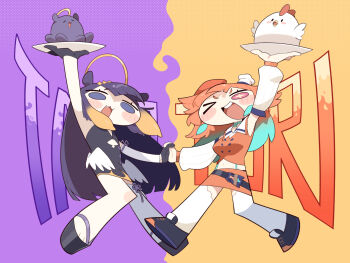 Rule 34 | 2girls, absurdres, beret, bird, blue eyes, bow, bow choker, chef hat, chicken, choker, cocomayo29 (tomato), commentary request, detached sleeves, diamond hairband, earrings, feather earrings, feathers, gradient hair, green choker, halo, hat, highres, holding, holding tray, hololive, hololive english, jewelry, kfp employee (takanashi kiara), long hair, looking at viewer, low wings, mini chef hat, mini hat, multicolored hair, multiple girls, multiple hats, ninomae ina'nis, ninomae ina'nis (1st costume), octopus, one eye closed, open mouth, orange hair, orange hat, purple eyes, purple hair, sidelocks, simple background, smile, star-shaped pupils, star (symbol), symbol-shaped pupils, takanashi kiara, takanashi kiara (1st costume), takodachi (ninomae ina'nis), tentacle hair, thighhighs, tray, virtual youtuber, white thighhighs, wings