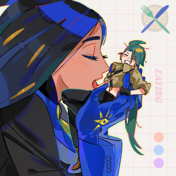 2girls =_= black_hair black_necktie black_pants blue_gloves blush brown_shirt chinese_commentary clenched_teeth closed_eyes color_guide commentary_request from_side geeta_(pokemon) giant giantess gloves green_hair grid_background hands_up highres in_palm long_hair low_ponytail multiple_girls nanaasuzy necktie nintendo open_mouth pants pokemon pokemon_sv ponytail rika_(pokemon) shirt size_difference teeth upper_body yuri