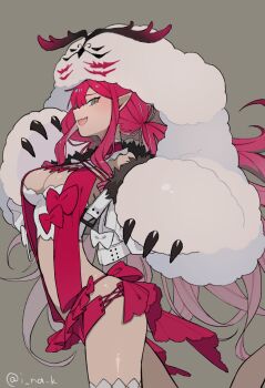 1girl animal_hands baobhan_sith_(fate) baobhan_sith_(swimsuit_pretender)_(first_ascension)_(fate) bare_shoulders breasts cernunnos_(fate) character_hood commentary_request fate/grand_order fate_(series) from_side grey_eyes headwear_with_attached_mittens highres large_breasts long_hair looking_at_viewer open_mouth pluto11sco pointy_ears red_hair sidelocks smile solo swimsuit twitter_username