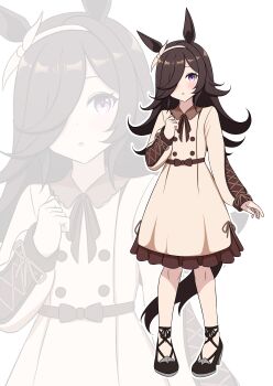 1girl absurdres animal_ears black_shoes bow brown_hair casual dress flipped_hair frilled_dress frills full_body hair_over_one_eye hairband highres horse_ears horse_girl horse_tail layered_dress long_hair long_sleeves neck_ribbon one_eye_covered open_mouth purple_eyes quellpan ribbon rice_shower_(casual)_(umamusume) rice_shower_(umamusume) shoes strappy_heels tail umamusume yellow_bow yellow_dress zoom_layer