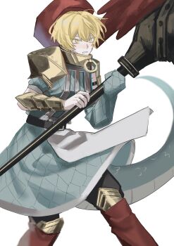 1boy belt bishounen blonde_hair cowboy_shot e.g.o_(project_moon) fushimi_arata highres holding holding_weapon lifetime_stew_(e.g.o) limbus_company male_focus open_mouth project_moon short_hair simple_background sinclair_(project_moon) solo weapon white_background yellow_eyes