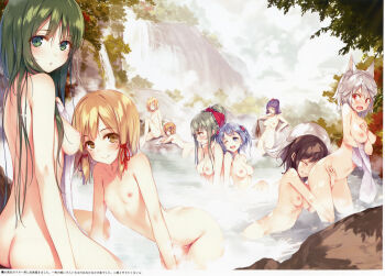 6+girls ;d absurdres age_difference aki_minoriko aki_shizuha all_fours alternate_hairstyle animal_ears arm_support ass back back-to-back bath bathing bent_over black_hair blonde_hair blue_eyes blush bottle breasts closed_eyes cloud completely_nude d: drinking embarrassed female_focus flat_chest green_eyes green_hair grin hair_ornament hair_ribbon happy head_on_ass highres inubashiri_momiji kagiyama_hina kawashiro_nitori ke-ta kochiya_sanae loli long_hair looking_at_another looking_at_viewer looking_away looking_back medium_breasts midriff moriya_suwako mountain_of_faith multiple_girls nature navel nipples nude one_eye_closed onsen open_mouth outdoors partially_submerged ponytail profile purple_hair ribbon sake_bottle sample_watermark scan scan_artifacts shameimaru_aya short_hair shy silver_hair sitting sky small_breasts smile soaking_feet standing tail text_focus touhou towel tree tree_shade twintails wading water waterfall watermark wet wet_hair wink wolf_ears wolf_tail yasaka_kanako yellow_eyes yuri