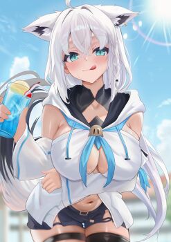 1girl absurdres ahoge animal_ear_fluff animal_ear_piercing animal_ears aqua_eyes bare_shoulders belt blue_sky braid breasts cocktail detached_sleeves drink droopy_ears ear_piercing fluffy_hair fox_ears fox_girl fox_tail hair_between_eyes highres holding holding_drink hololive large_breasts licking_lips light_blush long_hair long_sleeves looking_at_viewer navel pantyhose piercing pov puffy_sleeves shirakami_fubuki shirakami_fubuki_(1st_costume) shorts sky solo sunlight tail thick_thighs thighs tks_rkgk tongue tongue_out virtual_youtuber white_hair