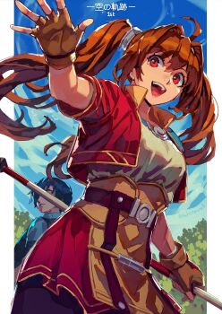 1boy 1girl ahoge black_hair blue_sky brown_gloves brown_hair commentary datcravat eiyuu_densetsu english_commentary estelle_bright fingerless_gloves gloves highres joshua_bright long_hair open_mouth red_eyes short_hair sky smile solo_focus sora_no_kiseki twintails