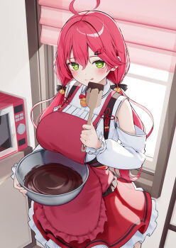 Rule 34 | 1girl, :q, ahoge, bell, bodice, bow, bowl, bowtie, breasts, chocolate, chocolate making, clothing cutout, collared shirt, commentary request, double-parted bangs, green eyes, hair between eyes, hair ornament, hairclip, heart, heart-shaped pupils, highres, holding, holding bowl, holding ladle, hololive, indoors, jingle bell, ladle, large breasts, long hair, long sleeves, low twintails, neck bell, nyan (reinyan 007), official alternate costume, official alternate hairstyle, red bow, red bowtie, red skirt, sakura miko, sakura miko (casual), shirt, shoulder cutout, skirt, solo, symbol-shaped pupils, tongue, tongue out, twintails, valentine, virtual youtuber, white shirt