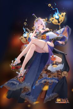 1girl bare_shoulders blue_dress blush breasts dress full_body hair_ornament highres japanese_clothes large_breasts long_legs long_sleeves looking_at_viewer off_shoulder original panties print_dress smile solo thigh_strap thighs underwear white_hair white_panties wide_sleeves zero_(pixiv11095146)