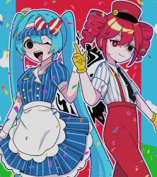 Rule 34 | 2girls, ;d, apron, asameyayo39, black eyes, black necktie, blue dress, blue hair, blue sky, bow, closed mouth, cloud, collared shirt, commentary request, confetti, cowboy shot, dress, drill hair, empty eyes, gloves, hand up, hat, hatsune miku, highres, index finger raised, kasane teto, long hair, looking at viewer, mesmerizer (vocaloid), multiple girls, necktie, nervous smile, nervous sweating, one eye closed, open mouth, pants, puffy short sleeves, puffy sleeves, red bow, red eyes, red hair, red hat, red pants, sharp teeth, shirt, short sleeves, sidelocks, sky, smile, striped bow, striped clothes, striped dress, striped shirt, sweat, teeth, tongue, tongue out, twin drills, twintails, utau, visor cap, vocaloid, waist apron, white apron, white shirt, yellow gloves