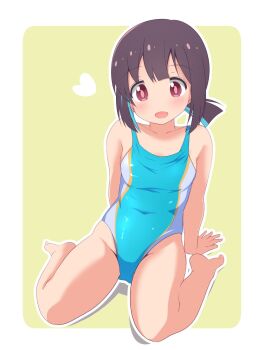 1girl :d aqua_one-piece_swimsuit bare_arms bare_legs bare_shoulders barefoot blue_hair blush border breasts brown_eyes brown_hair collarbone commentary competition_swimsuit covered_navel double-parted_bangs full_body green_background heart highres hozuki_momiji looking_at_viewer multicolored_hair multicolored_one-piece_swimsuit one-piece_swimsuit onii-chan_wa_oshimai! open_mouth outline outside_border ponytail short_hair short_ponytail simple_background sitting small_breasts smile solo swimsuit two-tone_hair unkimo wariza white_border white_outline