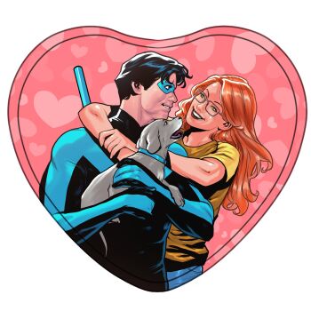 1boy 1girl absurdres barbara_gordon batman_(series) black_bodysuit blue_bodysuit blue_mask bodysuit couple dc_comics dick_grayson eye_mask heart highres hug hug_from_behind lucas_meyer mask multicolored_bodysuit nightwing oracle_(dc) superhero_costume taut_bodysuit two-tone_bodysuit