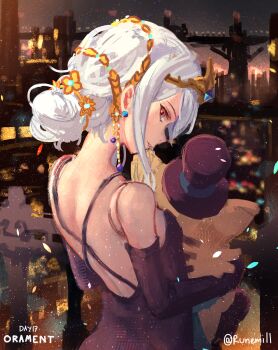 1girl absurdres bare_shoulders bareback black_dress doll_joints dress earrings elbow_gloves female_focus gloves granblue_fantasy highres jewelry joints long_hair looking_at_viewer necklace orchis runemill solo strapless strapless_dress stuffed_animal stuffed_toy