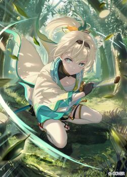 1girl aqua_eyes black_gloves black_hairband blonde_hair bow chest_sarashi commentary_request copyright_notice crossed_bangs double-parted_bangs drawing_sword fighting_stance fingerless_gloves full_body gloves green_hakama hair_between_eyes hair_bow hairband hakama hakama_short_skirt hakama_skirt haori holding holding_sword holding_weapon hololive japanese_clothes katana kazama_iroha kazama_iroha_(1st_costume) leaf looking_at_viewer medium_hair official_art parted_lips pompocy ponytail sarashi skirt solo sword tabi thighhighs virtual_youtuber weapon white_thighhighs yellow_haori