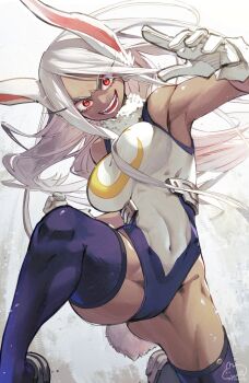1girl animal_ears armpits artist_name bare_shoulders boku_no_hero_academia clenched_hand covered_abs covered_navel crescent_print dark-skinned_female dark_skin floating_hair fur_collar gloves highleg highleg_leotard highres knee_up leotard long_eyelashes long_hair looking_at_viewer midair mirko open_hand open_mouth parted_bangs purple_thighhighs rabbit_ears rabbit_girl rabbit_tail red_eyes signature smile solo syuri22 tail taut_leotard teeth thighhighs thighs toned toned_female very_long_hair white_gloves white_hair white_leotard