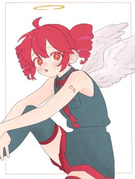 Rule 34 | 1girl, ahoge, angel, angel wings, bare arms, bare shoulders, drill hair, grey shirt, grey skirt, grey thighhighs, halo, highres, kasane teto, kasane teto (utau), knee up, komori kamome, looking at viewer, miniskirt, parted lips, red eyes, red hair, sheath, shirt, skirt, sleeveless, sleeveless shirt, solo, thighhighs, traditional halo, twin drills, utau, white wings, wings
