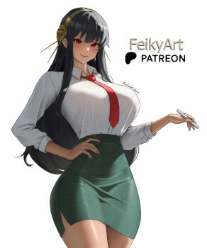 1girl 2025 alternate_costume artist_name black_hair breasts chalk collared_shirt commentary earrings english_commentary feikyart gold_earrings gold_hairband green_skirt hair_between_eyes hairband hand_on_own_hip high-waist_skirt highres holding holding_chalk jewelry large_breasts long_hair looking_at_viewer necktie pencil_skirt red_eyes red_necktie shirt shirt_tucked_in sidelocks simple_background skirt sleeves_rolled_up smile solo spy_x_family teacher thighs very_long_hair watermark white_background white_shirt yor_briar