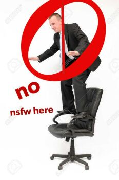 Rule 34 | 1boy, black hair, black jacket, black pants, black shoes, chair, commentary, english commentary, formal clothes, jacket, long sleeves, necktie, no-pornography, no symbol, non-web source, office chair, on chair, pants, photo (medium), salaryman, shirt, shoes, short hair, smile, standing, standing on chair, stock photo, striped necktie, suit, swivel chair, white background, white necktie, white shirt